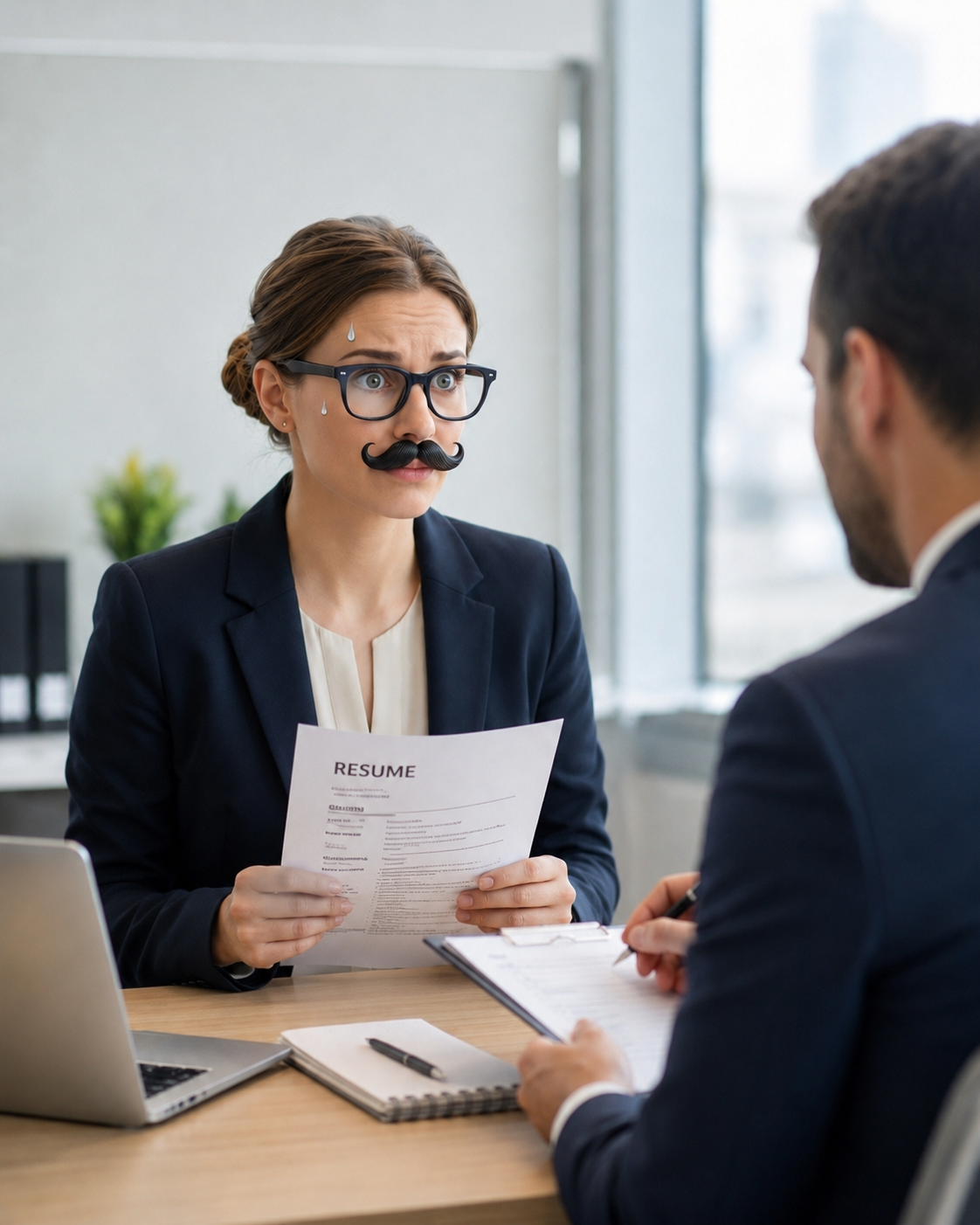 A nervous candidate wearing a playful mustache disguise in an interview