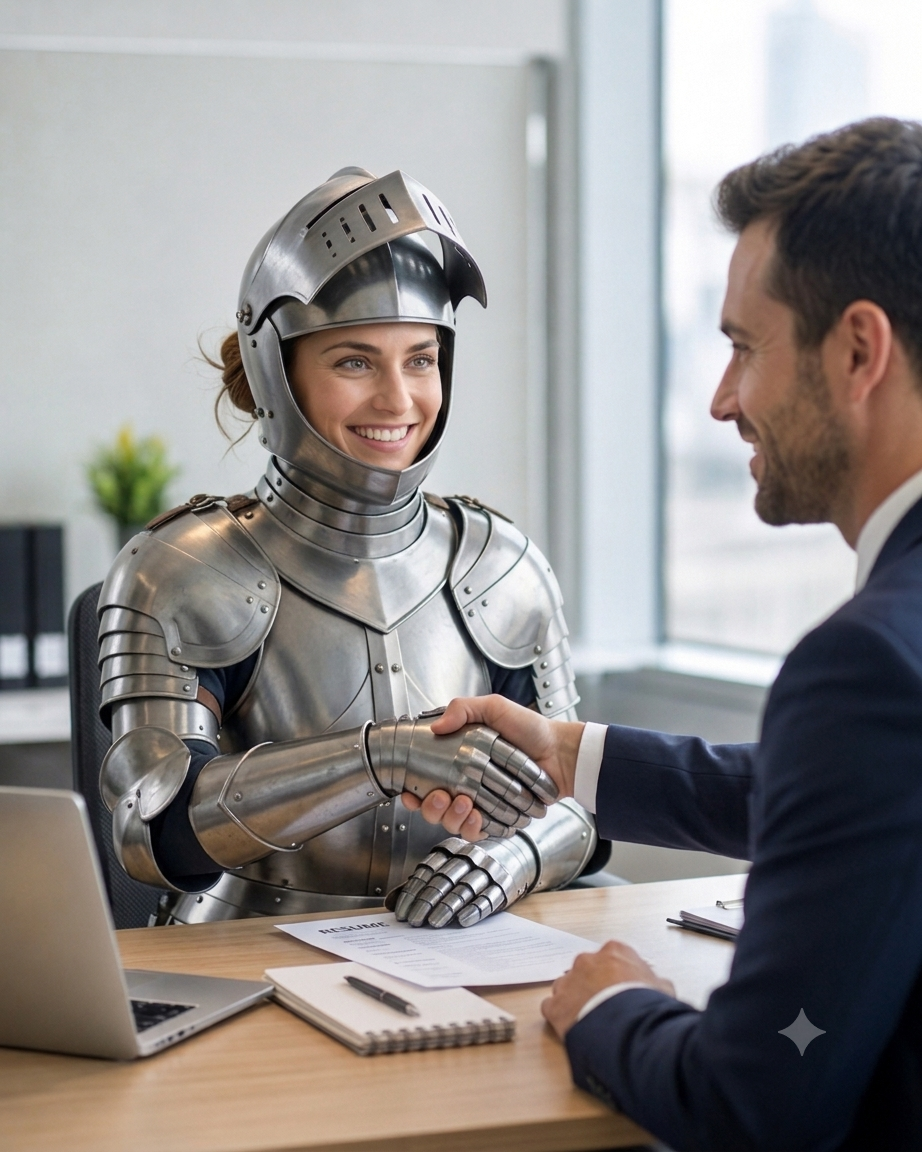 A confident candidate humorously wearing armor in an interview